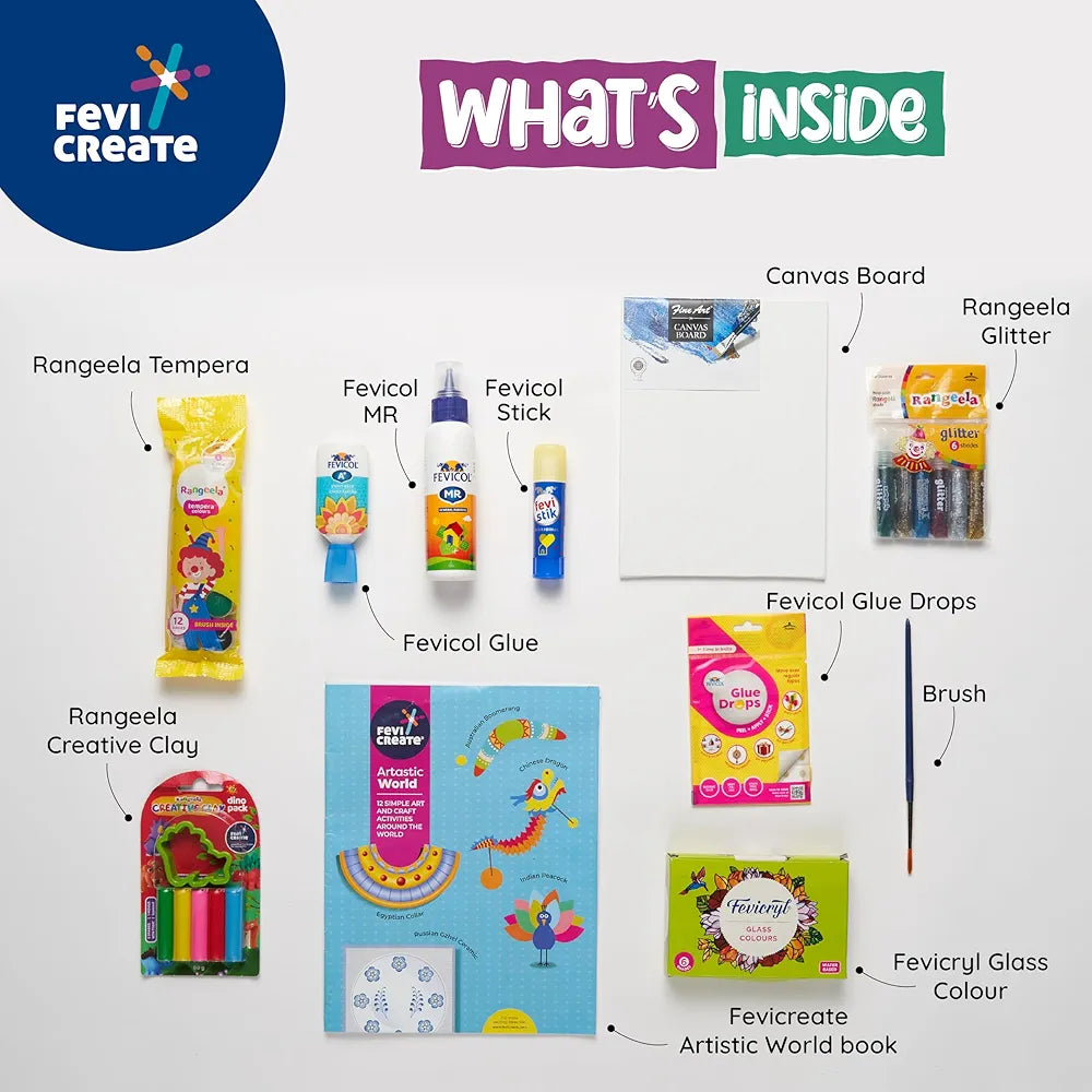 Fevicreate Art & Craft Kit | with Transparent Backpack | Value Pack with Crafting Essentials for Children | School Kit | Colours, Canvas, Activity Book, Glues | Gift for Boys & Girls Ages 5+