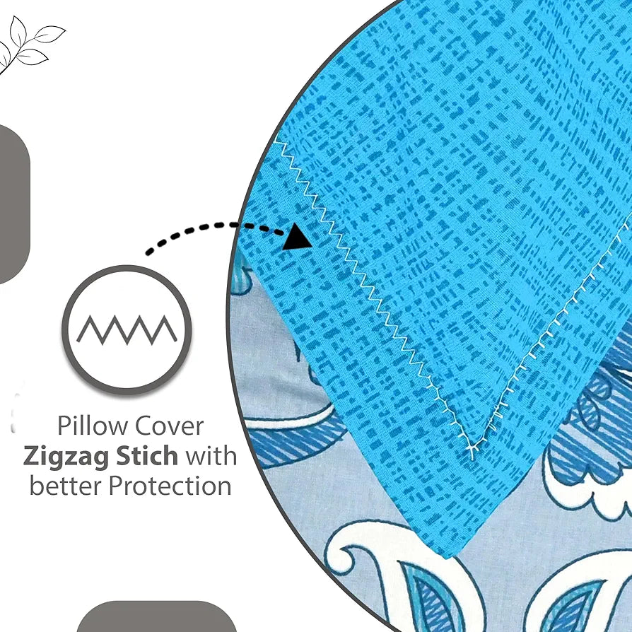 Divine Casa 144 TC Pure Cotton Double Size Bedsheet with 2 Pillow Covers Floral Paisley Colour White Aqua Blue