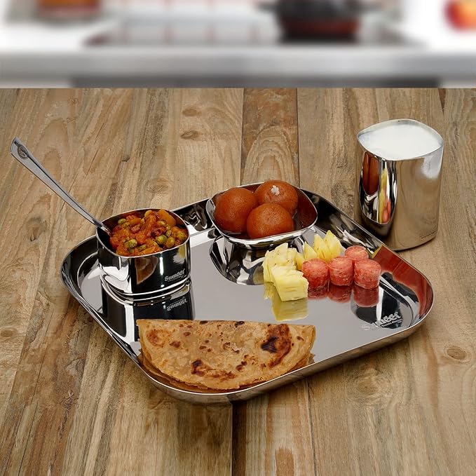 Sumeet Square Stainless Steel Heavy Gauge Mirror Finish Dinner Set of 5 Pc