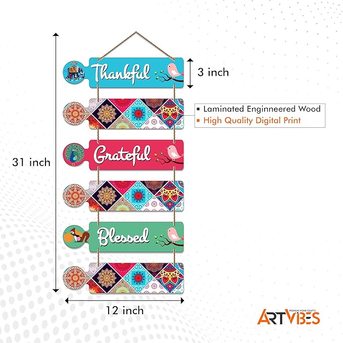 Artvibes Blessed Quote Decorative Wall Art Mdf Wooden Wall Hanger for Living Room | Set of 6