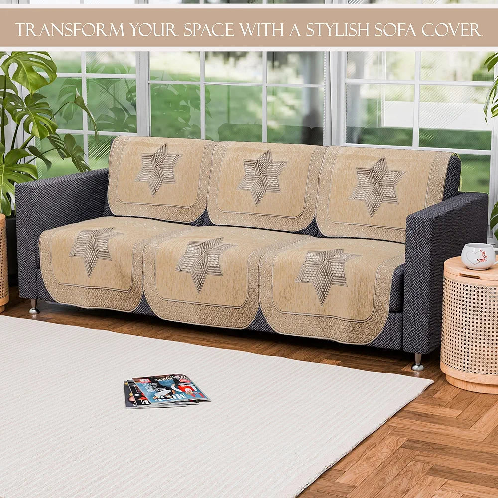 Kuber Industries Set of 6 Durable 3 Seater Sofa Cover Star Print Cream & Brown