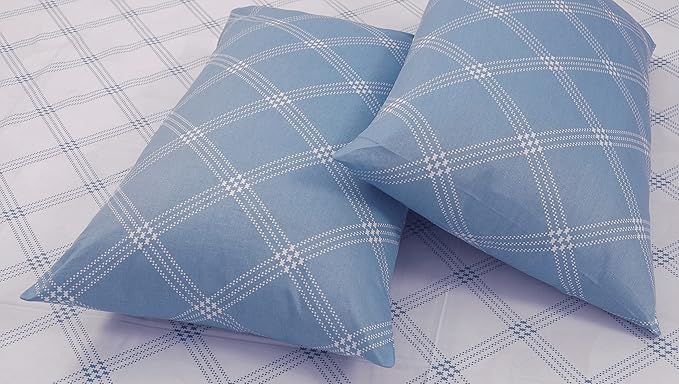 Huesland by Ahmedabad Cotton 186 TC King Size Bedsheet Cotton with 2 Pillow Covers | White & Blue