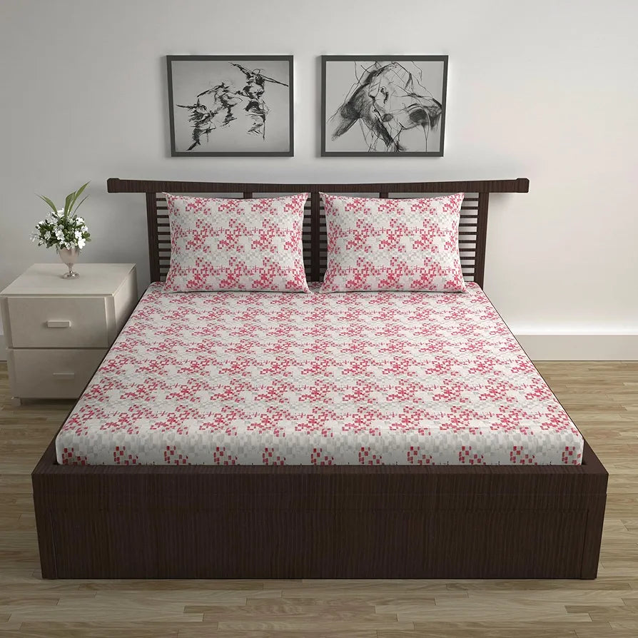 Divine Casa 144 TC Pure Cotton Double Bed Bedsheet with 2 Pillow Covers Mosaic Bloom Colour Ivory Red