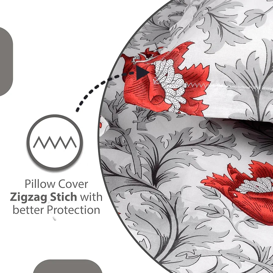 Divine Casa 144 TC 100% Cotton Bedsheet for Double Bed with 2 Pillow Cover Colour Scarlet Grey