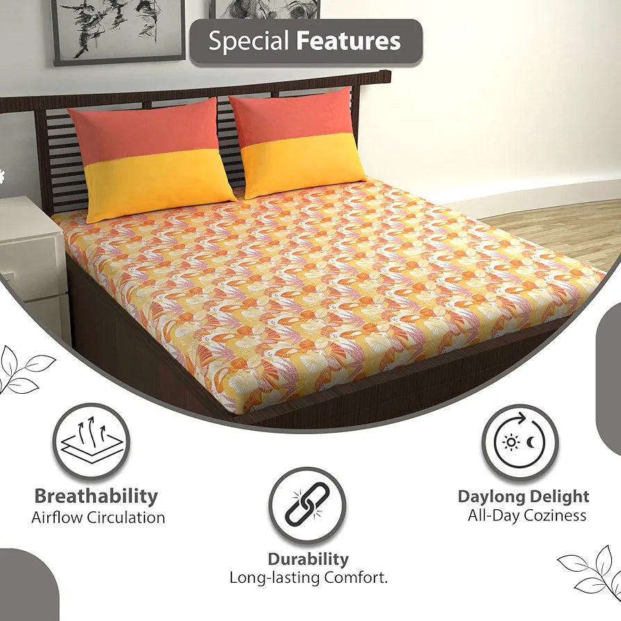 Divine Casa 144 TC Pure Cotton Double Bed Bedsheet with 2 Pillow Covers Regal Paisley Colour Peach Yellow