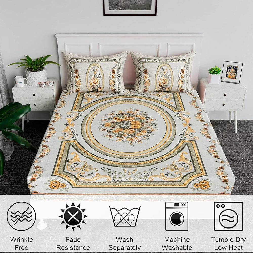Kuber Industries Cotton Bedsheets for Double Bed with 2 Pillow Covers Kaleen Flower Yellow