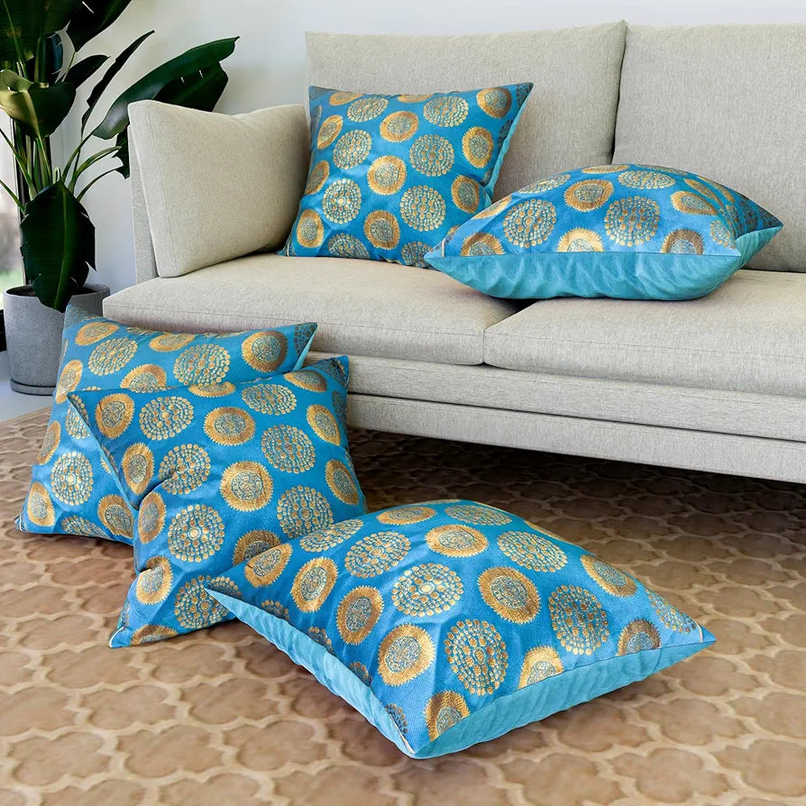 Kuber Industries Cushion Cover Pillow Covers Banarasi Gola Set of 5 Colour Firozi