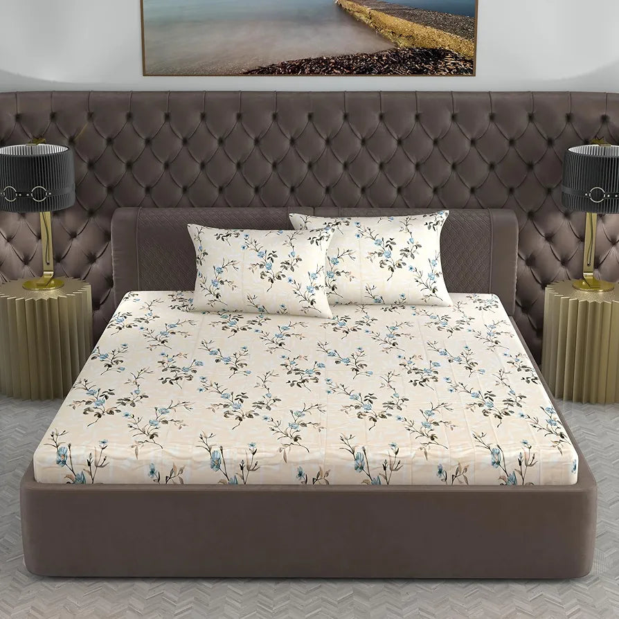 Divine Casa 100% Cotton Bedsheet for King Size Bed Modern Printed Design with 2 Pillow Covers Colour Floral Gold