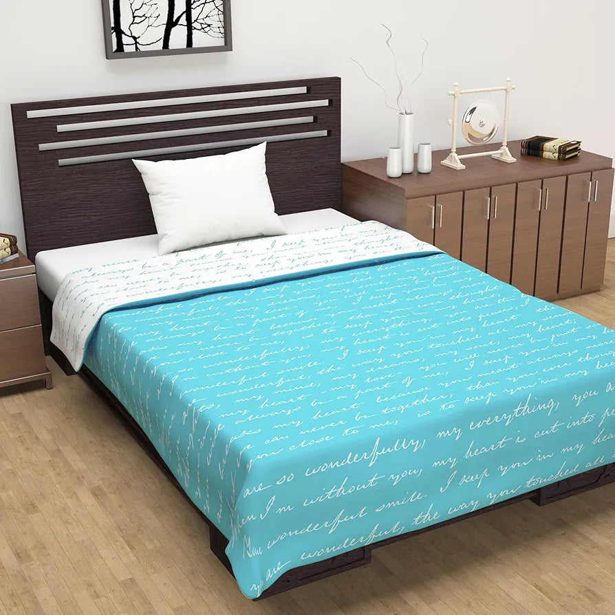 Divine Casa 120 GSM Microfiber Single Dohar Soft & Lightweight Throw Blanket Typographic Pattern Colour Sky Blue & White