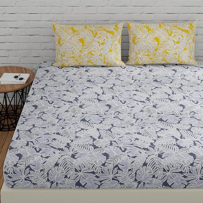 Huesland by Ahmedabad Cotton 144 TC Bedsheet for King Size Bed with 2 Pillow Covers | Grey & Yellow