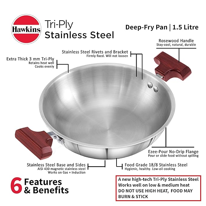 Hawkins 1.5 Litre Deep Fry Pan Triply Stainless Steel Kadai
