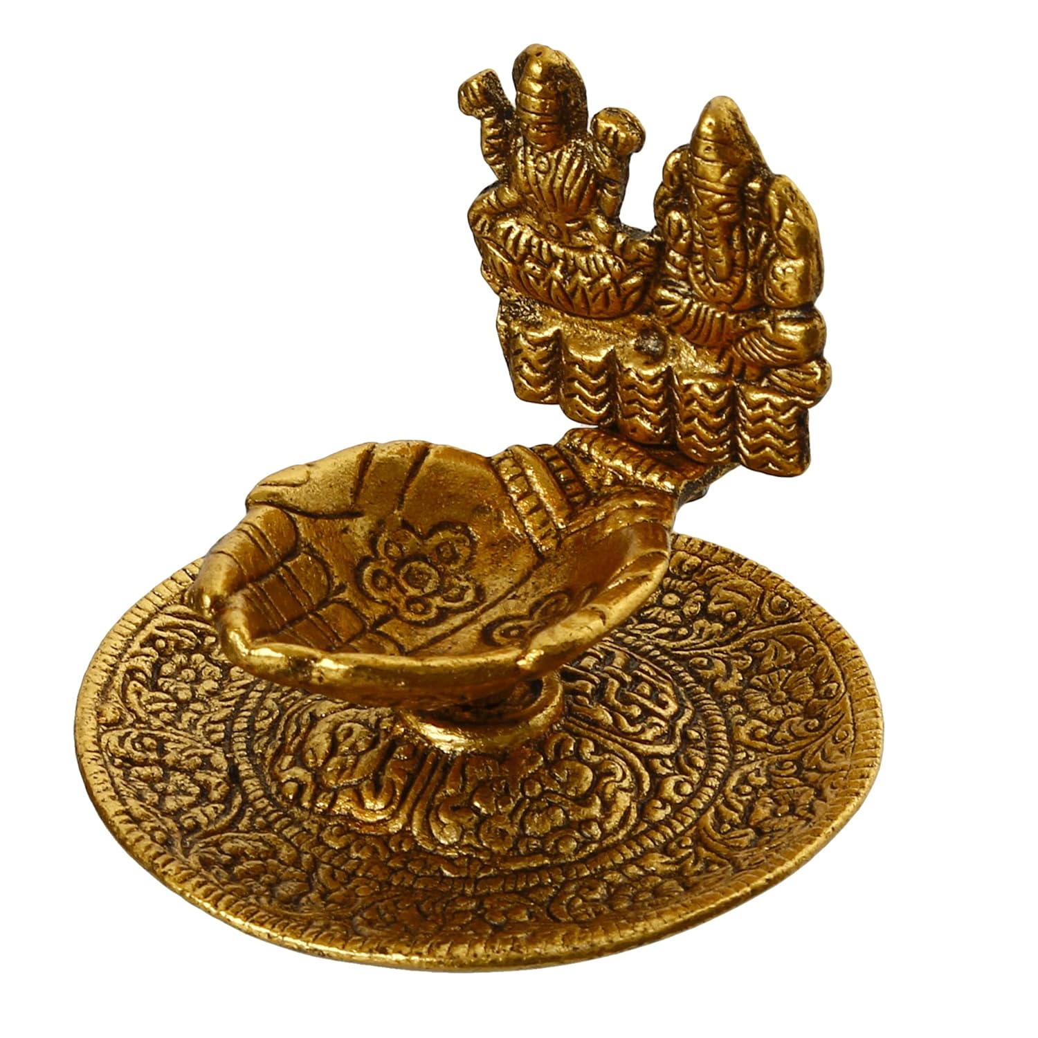 Ecraftindia Golden Metal Goddess Lakshmi & Lord Ganesha Decorative Diya for Puja Room | Home Temple Decor