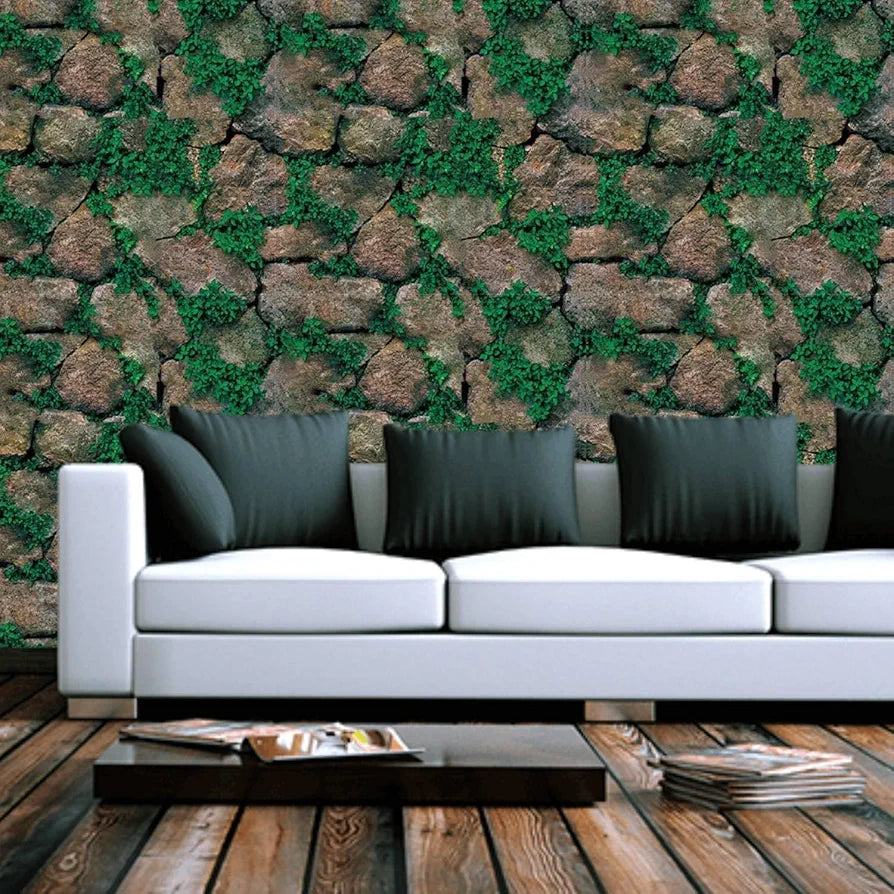 Jaamso Royals Green Grass With Stone Wall Papers for Home Brick Stone Wallpaper