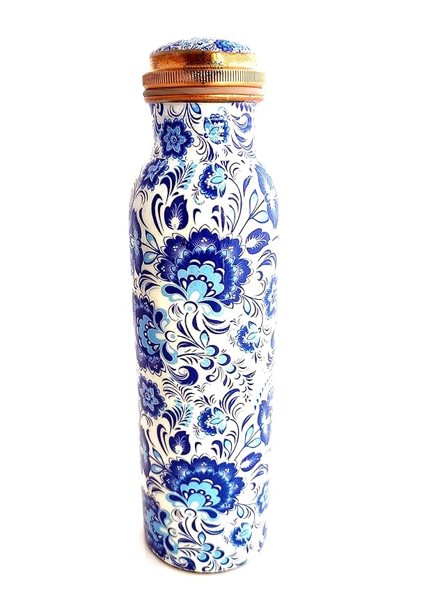 Indian Art Villa Pure Copper Printed Water Bottle with White Blue Floral Design
