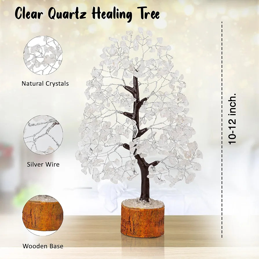 Crocon Clear Quartz Gemstone Money Tree Feng Shui Bonsai Silver Wire