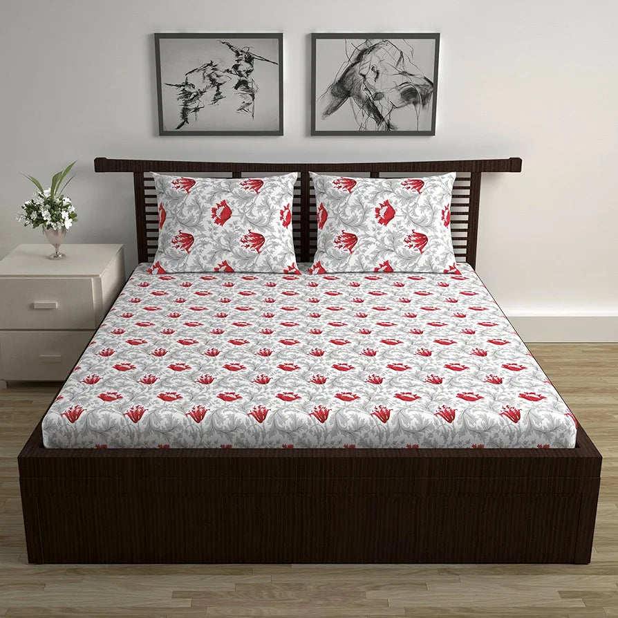 Divine Casa 144 TC 100% Cotton Bedsheet for Double Bed with 2 Pillow Cover Colour Scarlet Grey