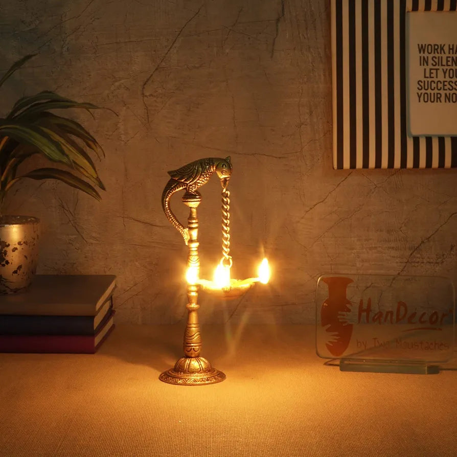 Two Moustaches Parrot Design 7.5 Inches Brass Hanging Diya Pair