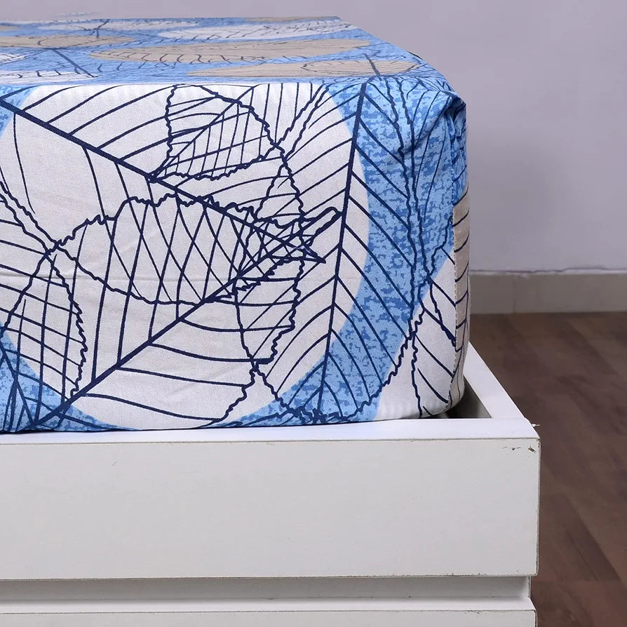 Divine Casa 144 TC Cotton Fitted Bedsheet for King Bed 100% Cotton Floral Blue Elastic Fit Everyday Use Bedsheet