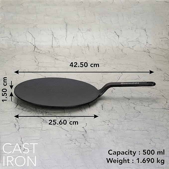 Sumeet Pre Seasoned Cast Iron Roti/Chapati Tawa 25.6cm Weight - 1.690Kg Black