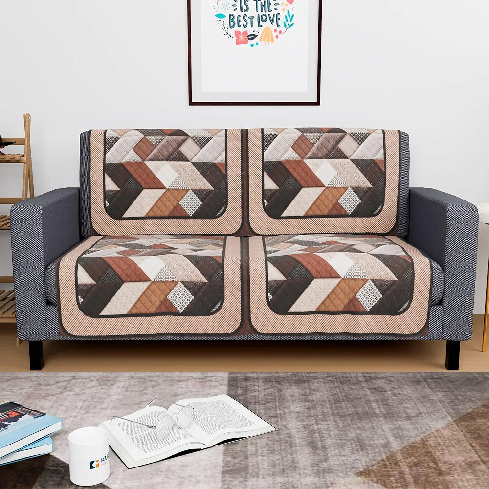 Kuber Industries Set of 4 Velvet 2 Seater Sofa Covers for Living Room Triangular-Cream & Brown