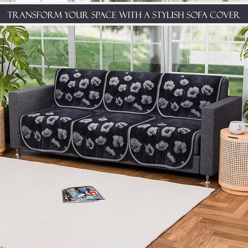 Kuber Industries Set of 6 Durable 3 Seater Sofa Covers for Living Room Lotus Print Grey