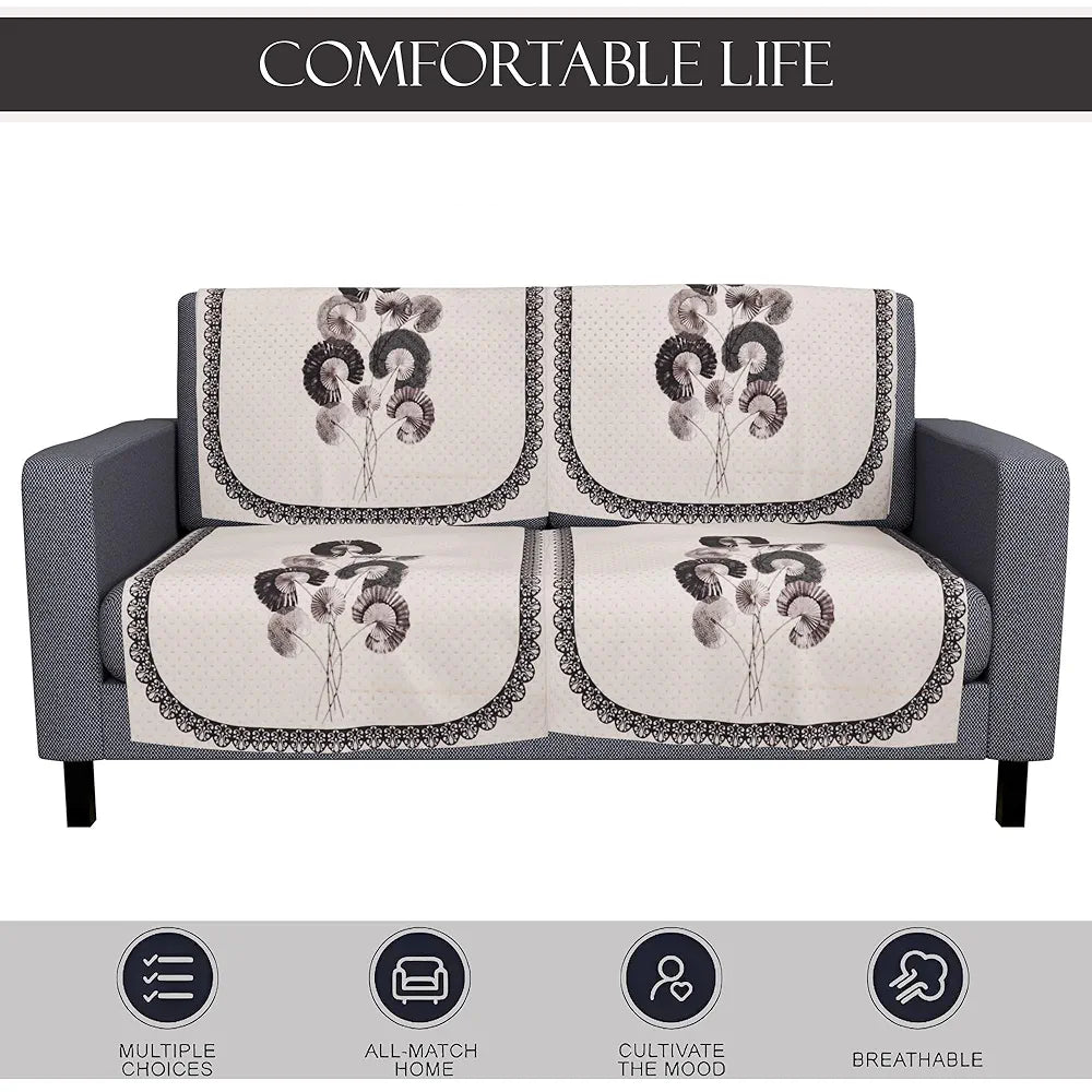 Kuber Industries Set of 4 Velvet 2 Seater Sofa Covers for Living Room Digital Flower-Cream & Green
