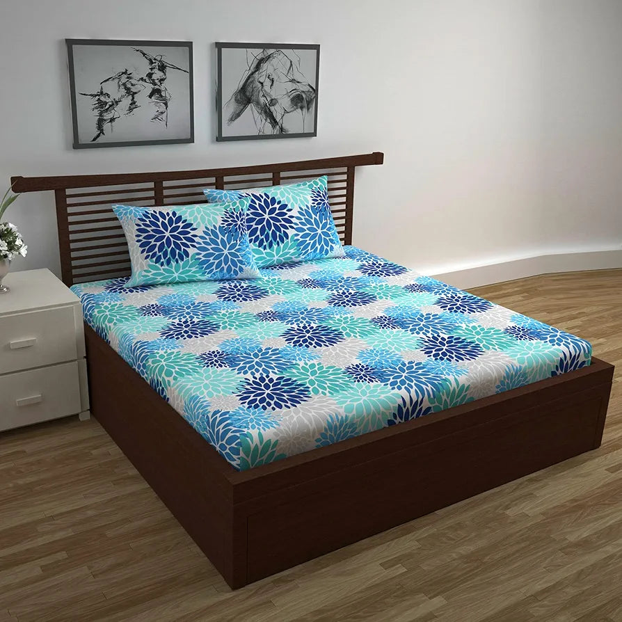 Divine Casa 144 TC Super Soft 100% Cotton Bedsheet for Double Bed  144 Thread Count Floral Colour Blue Aqua