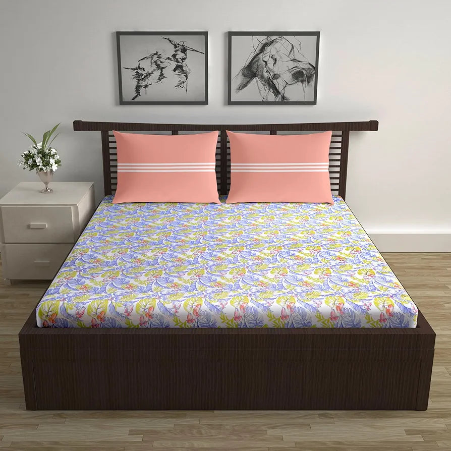 Divine Casa 144 TC Cotton Double Bedsheet with 2 Pillow Covers Tropical Breeze Colour Lavender Gold