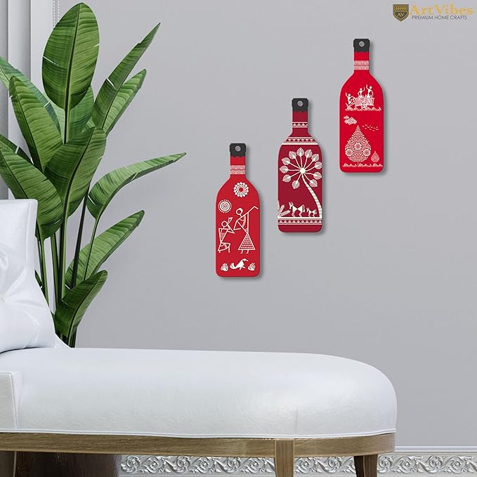 Artvibes Tribal Warli Art Wooden Wall Hanging for Home Decor | Set of 3
