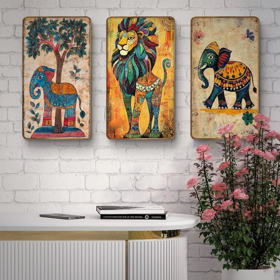 Livin'luxe Set of 3 Modern Art Madhubani Painting Premium Golden Framed Wall Paintings SG09