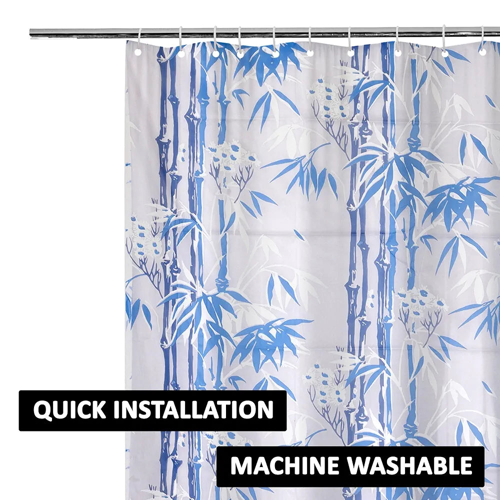Kuber Industries Shower Curtain Bathroom Shower Curtain 8 Rings Curtain Bamboo Print Blue