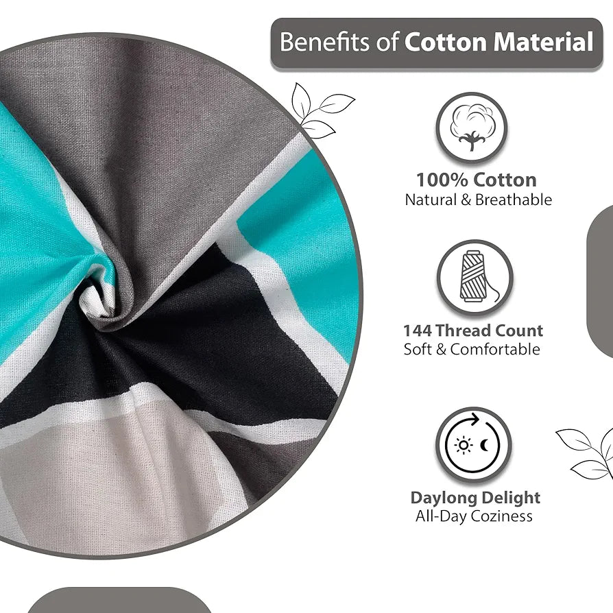 Divine Casa Double Size Bedsheet for Double Bed, 144 TC Pure Cotton Queen Size with 2 Pillow Covers Geometric Colour Aqua Grey