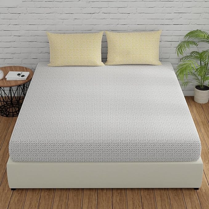 Huesland by Ahmedabad Cotton 144 TC Cotton Bedsheet for Double Bed King Size with 2 Pillow Covers | Grey & Yellow