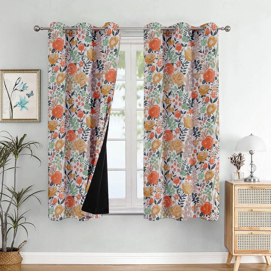 Cloth Fusion Blackout Printed Premium Window Curtains 5 Feet Long Set of 2 White Roses