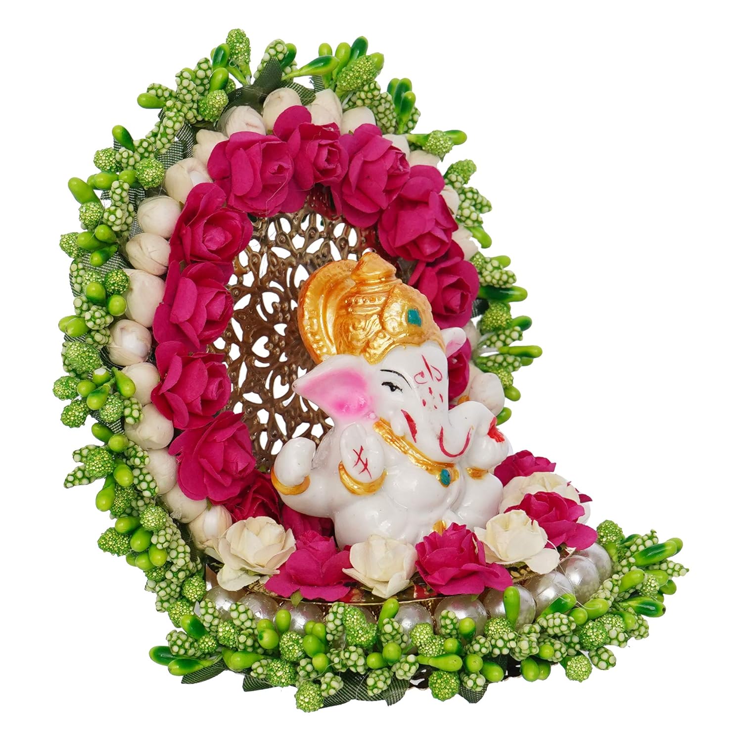 Ecraftindia Resin Lord Ganesha Idol on Decorative Green Pink Floral Plate | Ganesha Idol
