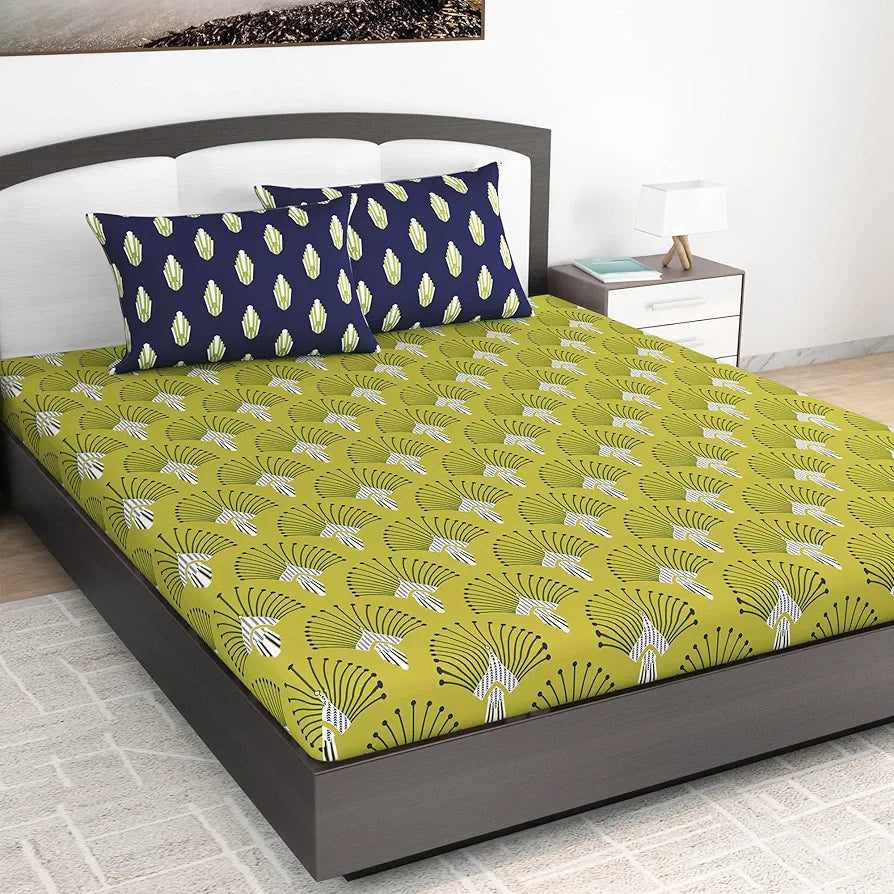 Divine Casa 144 TC 100% Cotton Bedsheet King Size Bed King Size Bedsheet with 2 Pillow Covers Colour Olive Navy