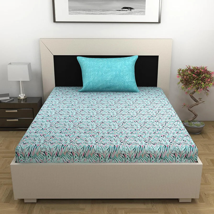 Divine Casa 144 TC 100% Pure Cotton Single Size Bedsheet with 1 Pillow Cover Tropical LeafColour Light Blue Pink