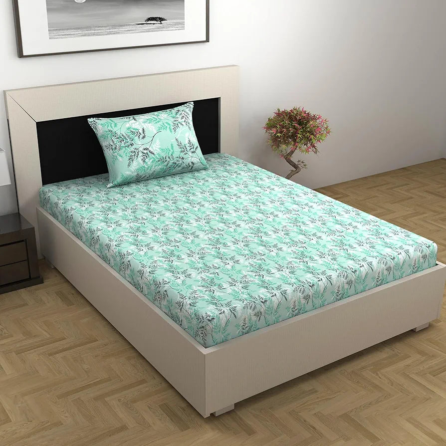 Divine Casa 144 TC 100% Cotton Single Bedsheet with 1 Pillow Cover Floral Pattern Colour Aqua Mist