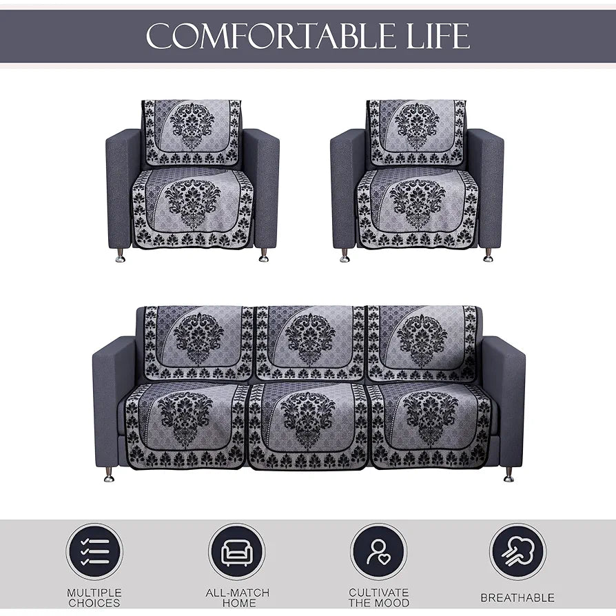Kuber Industries Set of 10 Net Anti-Skid Sofa Cover 5-Seater Floral Print Black & Grey