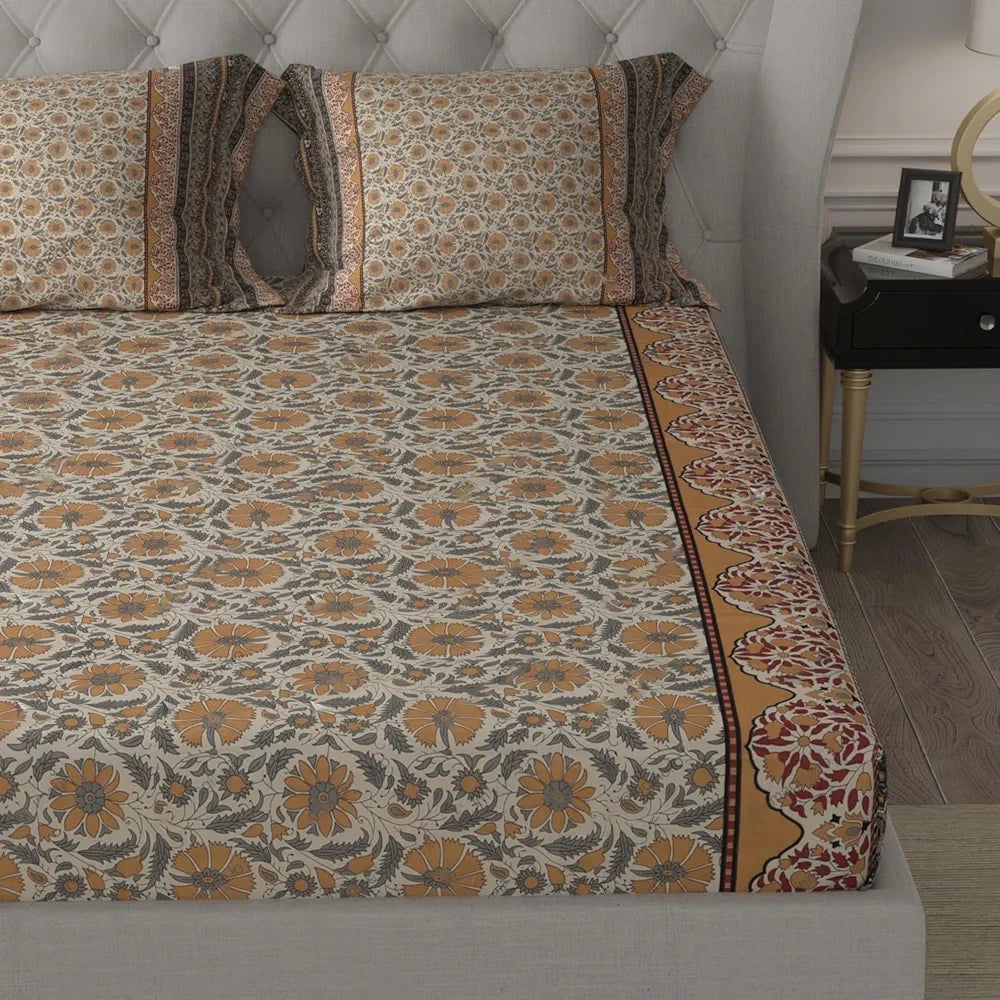 Cloth Fusion 186tc Glace Cotton Elastic Fitted Bedsheet for Double Bed King Size with 2 Pillow Covers Floral Beige