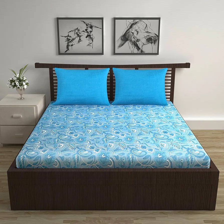 Divine Casa 144 TC Pure Cotton Double Size Bedsheet with 2 Pillow Covers Floral Paisley Colour White Aqua Blue