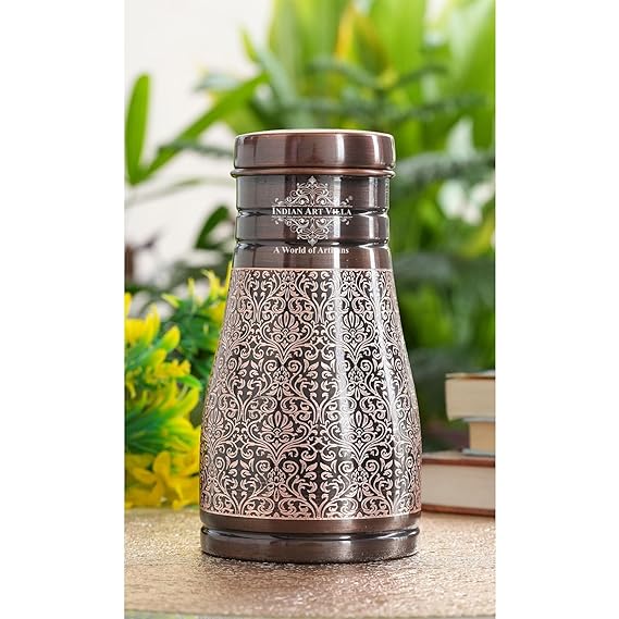 Indian Art Villa Pure Copper Bedroom Water Bottle With Inbuilt Glass Dark Embossed Design