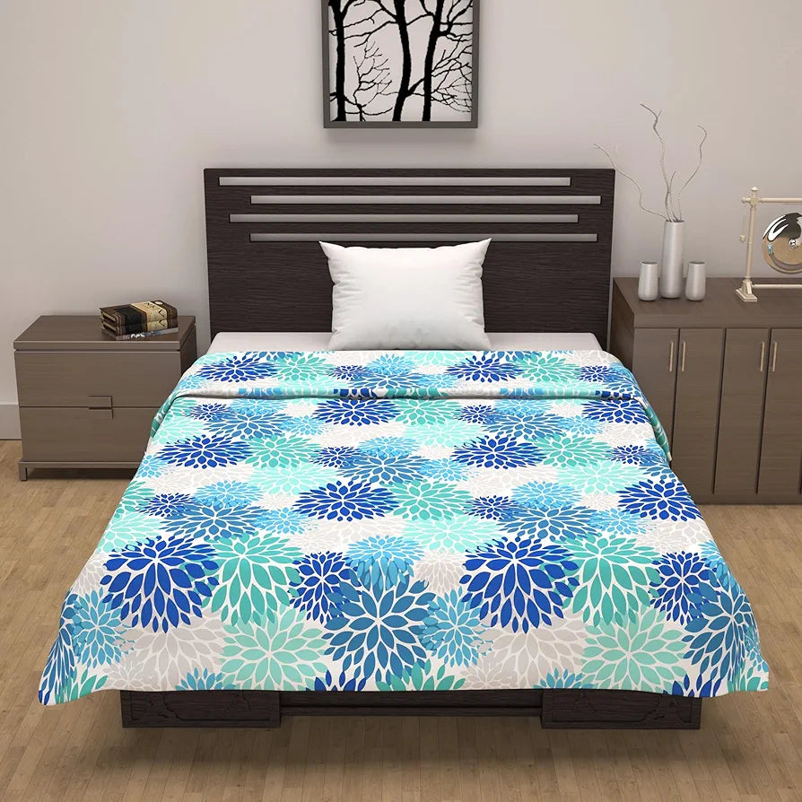Divine Casa Floret 100% Cotton Single Dohar 120 GSM Soft & Lightweight Throw Blanket Colour Blue Aqua