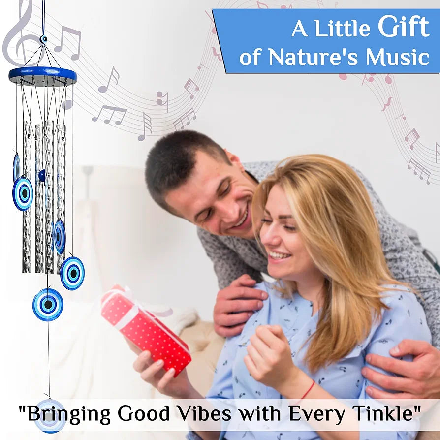 Evil Eye Wind Chimes for Home and Garden 4 Silver Pipe Wind Chime -015
