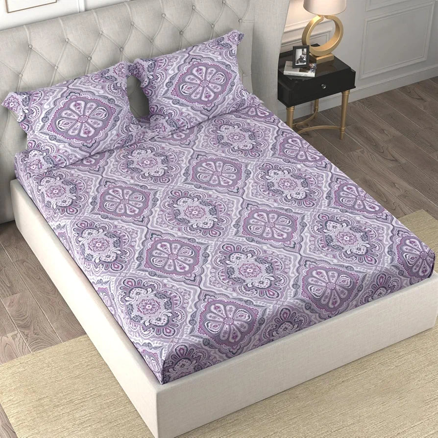 Cloth Fusion Glace Cotton Bed Sheet King Size Bed with 2 Pillow Covers 150 TC Floral Bedsheet Mauve Mandalas Colour