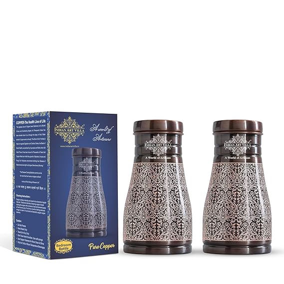 Indian Art Villa Pure Copper Bedroom Water Bottle With Inbuilt Glass Dark Embossed Design