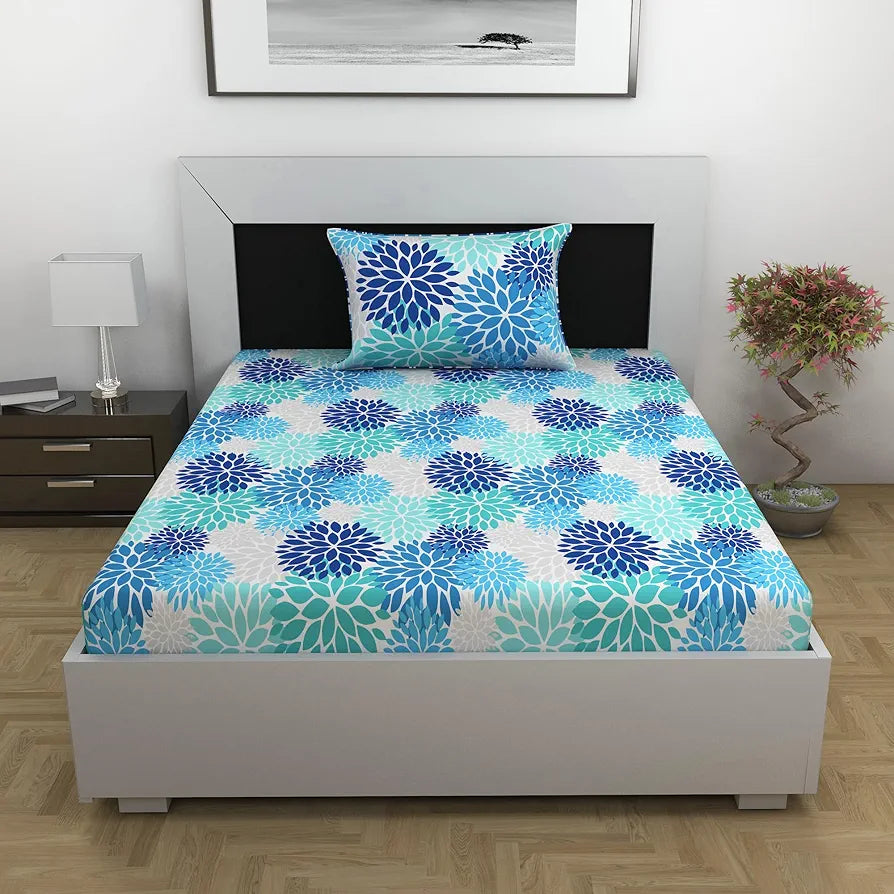 Divine Casa Bedsheet for Single Size Bed 144 TC Cotton Bedsheet for Single Size Bed with 1 Pillow Cover  Floral Blue Colour Aqua