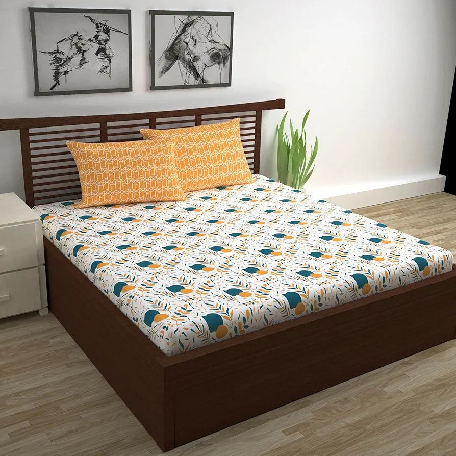 Divine Casa 144 TC Cotton Bedsheet for Double Bed with 2 Pillow Cover Colour Teal Mustard