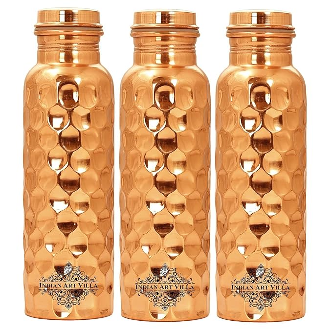 Indian Art Villa Pure Copper Water Bottle with Diamond Hammered Design Design