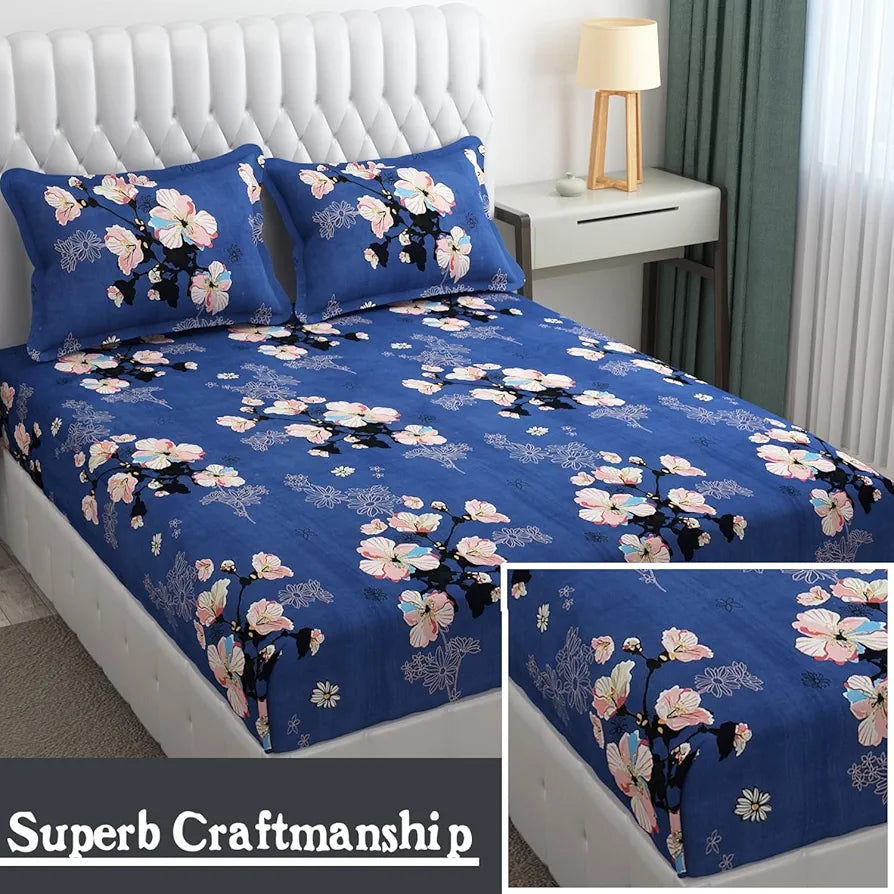 Fresh From Loom Rotary Printed King Size Double Bedsheet Bed Sheets With 2 Pillow Covers 144 TC Blue Denim